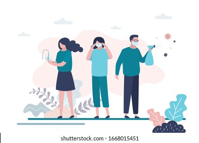 Virus prevention concept. Group of people wash their hands, wear protective masks and disinfect objects. Health care concept. Global epidemic or pandemic. Trendy vector illustration