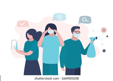 Virus prevention concept. Group of people wash their hands, wear protective masks and disinfect objects. Health care concept. Humans closeup. Global epidemic or pandemic. Trendy vector illustration