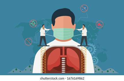 concepto de prevención de virus, uso de máscara protectora, concepto de atención respiratoria ilustración vectorial diseño plano