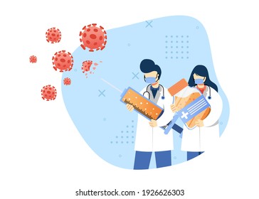 virus prevention concept vector illustration. male and female doctor fight virus with vaccine. vaccination. character cartoon Illustration flat style.