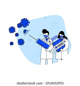 ilustración vectorial del concepto de icono de prevención de virus. los médicos masculinos y femeninos luchan contra el virus con la vacuna. vacunación. caricatura de personajes Ilustración de estilo plano.