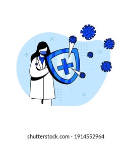 virus prevention icon concept vector illustration. female doctor fight virus with medical shield. can use for the homepage, mobile apps. character cartoon Illustration flat style.