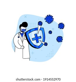 ilustración vectorial del concepto de icono de prevención de virus. el médico combate el virus con escudo médico. se puede usar para la página principal, aplicaciones móviles. caricatura de personajes Ilustración de estilo plano.
