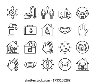 Virus Prevention icons. Preventing Spread of Infection line icon set. Vector illustration. Editable stroke.