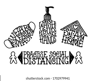 Virus prevention lettering set. Stay home. Wear a face mask. Wash your hands. Practise social distancing. Quarantine or self-isolation. Health care. Global viral pandemic. Coronavirus COVID-19