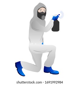 Prevención de virus Un hombre usa un traje protector y desinfecta los objetos. Concepto de salud.  epidemia mundial o pandemia. Ilustración del vector