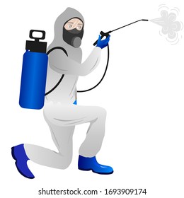 Prevención de virus Un hombre usa un traje protector y desinfecta los objetos. Concepto de salud.  epidemia mundial o pandemia. Ilustración del vector