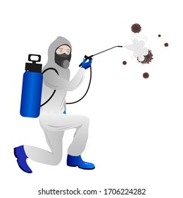Prevención de virus Un hombre usa un traje protector y desinfecta los objetos. Concepto de salud. epidemia mundial o pandemia. Ilustración del vector
