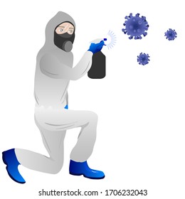 Prevención de virus Un hombre usa un traje protector y desinfecta los objetos. Concepto de salud. epidemia mundial o pandemia. Ilustración del vector