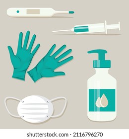 Virus prevention medical kit. Electronic thermometer, medical gloves, antiseptic, medical mask, syringe