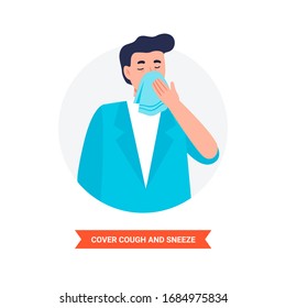 Virus prevention and protection. Cover cough and sneeze. Coronavirus alert. Isolated vector illustration in flat cartoon style.