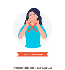 Virus prevention and protection. Don't touch your face. Coronavirus alert. Isolated vector illustration in flat cartoon style.