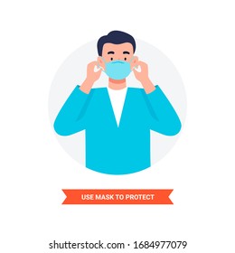 Virus prevention and protection. Use a face mask to protect. Coronavirus alert. Isolated vector illustration in flat cartoon style.