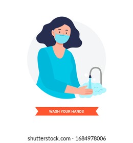 Virus prevention and protection. Wash often your hands. Coronavirus alert. Isolated vector illustration in flat cartoon style.