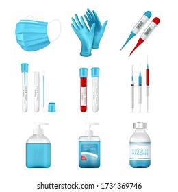 Virus protection 3D realistic icon set. Corona virus Covid prevention collection, medical ppe element set. Soap bottle, mask, gloves, vaccine, virus test, sanitizer, thermometer, syringe. Coronavirus