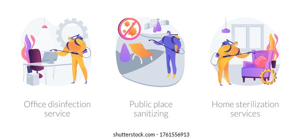 Virus Protection Abstract Concept Vector Illustration Set. Office Disinfection Service, Public Place Sanitizing, Home Sterilization, Clean Workspace, Personal Protection, Chemical Abstract Metaphor.