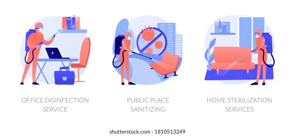 Virus protection abstract concept vector illustration set. Office disinfection service, public place sanitizing, home sterilization, clean workspace, personal protection, chemical abstract metaphor.