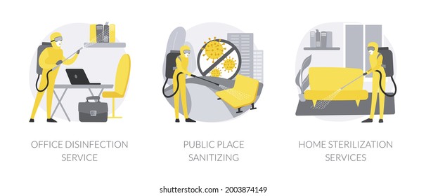 Virus protection abstract concept vector illustration set. Office disinfection service, public place sanitizing, home sterilization, clean workspace, personal protection, chemical abstract metaphor.
