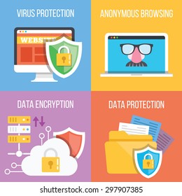 Virus protection, anonymous browsing, data encryption, data protection concepts. Set of four trendy flat illustrations. Flat design concepts for web banners, web sites, etc. Vector illustrations