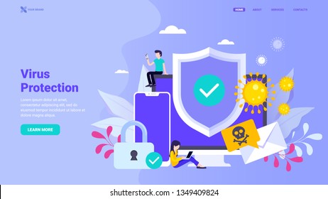 Virus protection, antivirus, firewall, anti hacker landing page concept. Flat vector illustration with tiny characters for landing page, web site, banner, hero image.