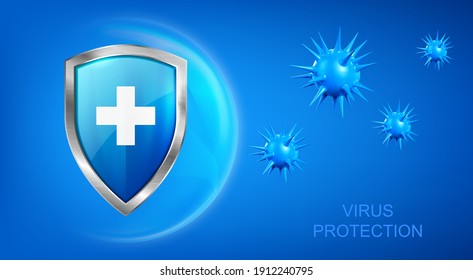 Virus Protection Banner With Shield, Cross And Bacteria Piked Cells Flying On Blue Background. Anti Bacterial Or Germ Defence, Immune System Protect Medical Poster, Realistic 3d Vector Illustration