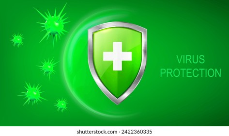 Virus protection banner with shield, cross and bacteria on green background. Vector realistic illustration of piked cells attacking immune safety bubble, medical poster template, vaccination concept