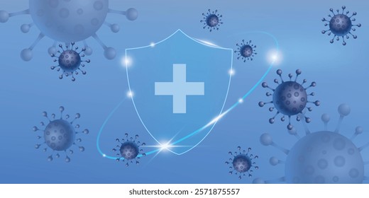 Virus protection banner with shield, cross and bacteria cells flying on blue background. Anti virus and bacterial or germ defence, immune system protect medical poster, Realistic vector illustration