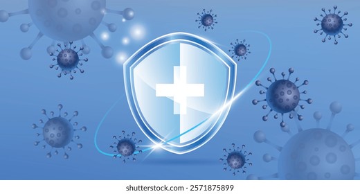 Virus protection banner with shield, cross and bacteria cells flying on blue background. Anti virus and bacterial or germ defence, immune system protect medical poster, Realistic vector illustration