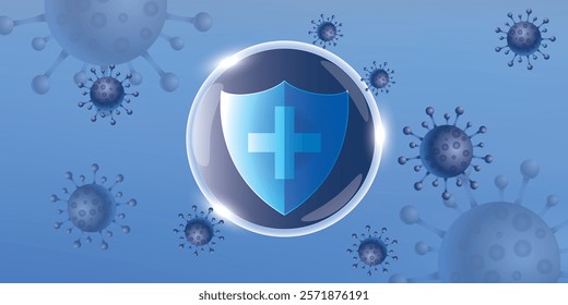 Virus protection banner with shield, cross and bacteria cells flying on blue background. Anti virus and bacterial or germ defence, immune system protect medical poster, Realistic vector illustration
