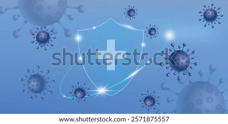 Virus protection banner with shield, cross and bacteria cells flying on blue background. Anti virus and bacterial or germ defence, immune system protect medical poster, Realistic vector illustration