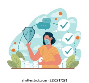 Virus protection. Barrier for dangerous viruses and bacteria. Virus pandemic combating, character defending an infectious disease. Flat vector illustration