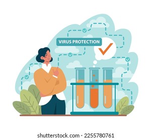 Virus protection. Barrier for dangerous viruses and bacteria. Virus pandemic combating, character defending an infectious disease. Flat vector illustration