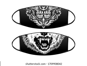 Virus Protection Black Mask Vector Design with skull and wolf. 