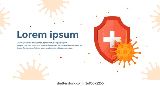 Virus protection concept. Medical shield with bacteria. Vector illustration on a white background in cartoon style. Horizontal design for medical infographics, web banners, posters etc.