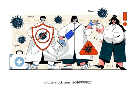 Conceito de proteção contra vírus para design moderno da Web. As pessoas que se protegem contra a doença, impedem que a pandemia espalhe médicos fazendo vacinas e tratamento. Ilustração de vetor plano isolada em fundo branco.