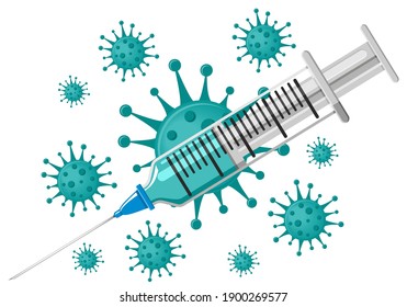 Virus protection concept. Realistic drawing of a syringe with a vaccine and coronavirus bacteria. Flat design, vector