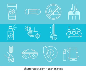 virus protection coronavirus covid 19, medical products mask, glasses and others icons vector illustration line icon