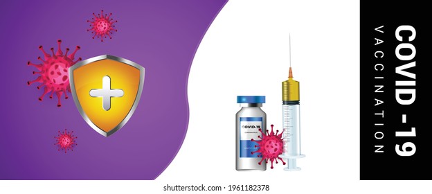 Virus Protection. Covid-19 corona virus vaccination with vaccine bottle and syringe injection tool for covid19 immunization treatment. Coronavirus vaccine vector background. Vector illustration.