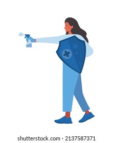 Virus protection. Dangerous viruses and bacteria barrier. Vaccine development. Corona virus pandemic combating, scientist working with infectious disease. Flat vector illustration