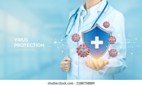 Virenschutz. Arzt, der ein Schutzschild mit medizinischem Kreuzzeichen für den Virenschutz und die Viruszellen in der Hand hält. Impfung, Covid-19 Sicherheit. Mikrobiologie und Medizin. Vektorgrafik.