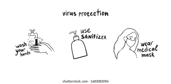 Virus protection. Doodle style vector images. Medical icons. Health protection