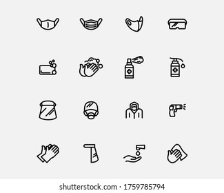 Virus protection equipment icons set vector line style