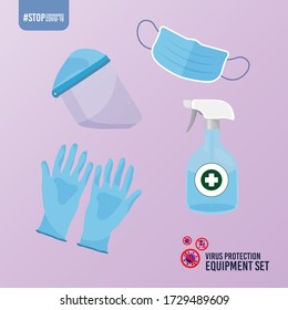 Virus Protection Equipment Set, With A Hand Sanitizer,surgical Mask,medical Gloves And Face Shield,stop Symbol With Coronavirus,Vector Illustration