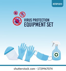 Virus protection equipment set. with a hand sanitizer,surgical mask, medical gloves and face shield, stop symbol with coronavirus,vector graphic template for packaging design.
