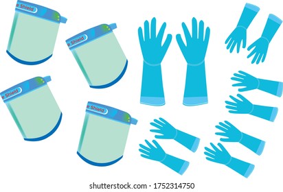 Virus Protection Face Shield Hand gloves Vector Illustrations