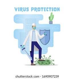 Virus protection. Fight against covid-19 corona virus. People fight virus concept. Stop epidemic. Flat vector illustration.