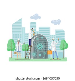 Virus protection. Fight against covid-19 corona virus. People study and win on the virus concept. Stop epidemic. Flat vector illustration.