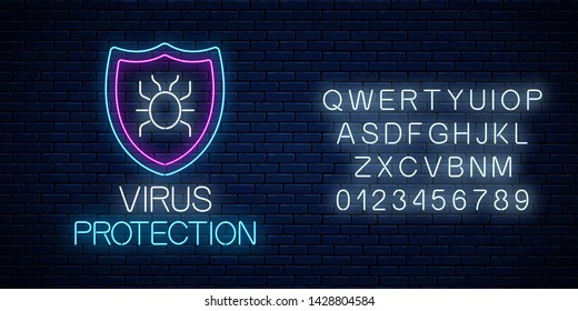 Virus protection glowing neon sign with alphabet on dark brick wall background. Internet cyber security symbol with shield and hacker bug. Vector illustration.