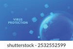 Virus protection. Glowing sphere shield against viral threats, floating virus icons around secure dome shield. Health safety or antivirus concept vector illustration.