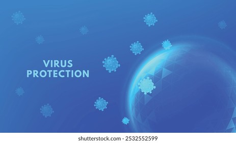 Protección antivirus. Escudo de esfera brillante contra amenazas virales, iconos de virus flotantes alrededor del escudo de cúpula segura. Ilustración vectorial del concepto de seguridad sanitaria o antivirus.